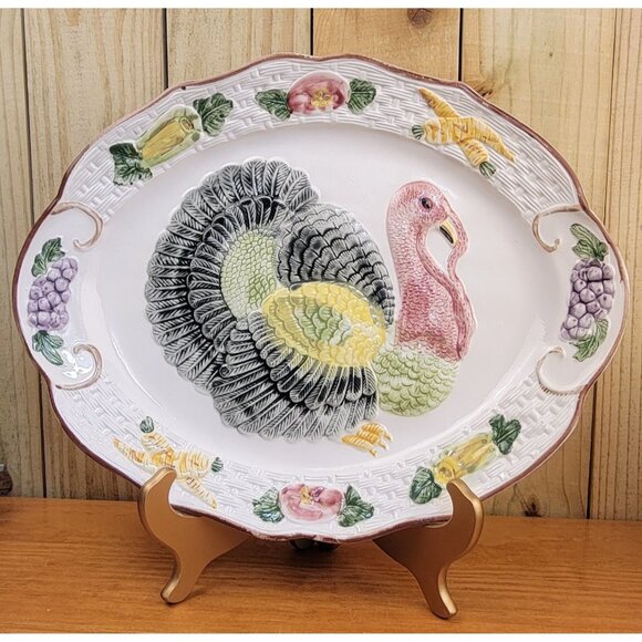 Vintage 1960's California Pottery Hand Painted Turkey Serving Platter - Picture 1 of 11